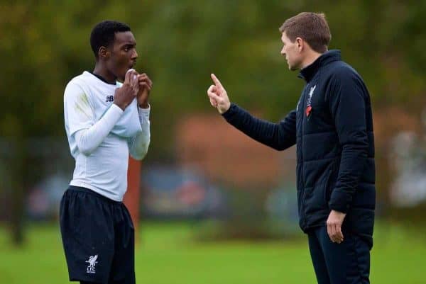 LONDON, ENGLAND - Saturday, November 4, 2017: Liverpool's Under-18 manager Steven Gerrard and Rafael Camacho during the Under-18 Premier League Cup Group D match between West Ham United FC and Liverpool FC at Little Heath. (Pic by David Rawcliffe/Propaganda)