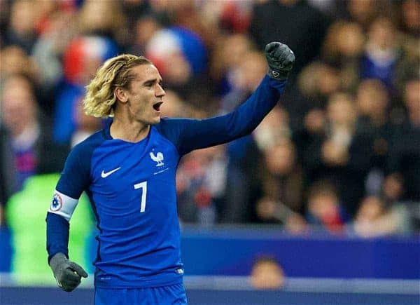 PARIS, FRANCE - Friday, November 10, 2017: France's Antoine Griezmann celebrates scoring the first goal during the international friendly match between France and Wales at the Stade de France. (Pic by David Rawcliffe/Propaganda)