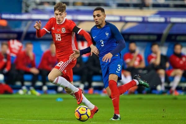 PARIS, FRANCE - Friday, November 10, 2017: Wales' substitute David Brooks and France's Layvin Kurzawa during the international friendly match between France and Wales at the Stade de France. (Pic by David Rawcliffe/Propaganda)