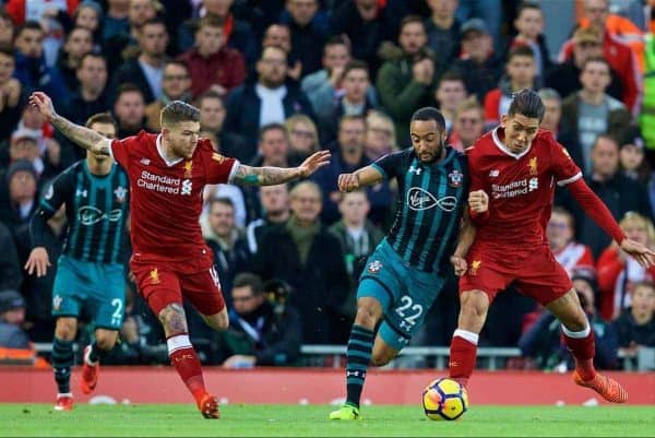 LIVERPOOL, ENGLAND - Saturday, October 28, 2017: Liverpool's Alberto Moreno and Roberto Firmino challenge Southampton's Nathan Redmond during the FA Premier League match between Liverpool and Southampton at Anfield. (Pic by David Rawcliffe/Propaganda)