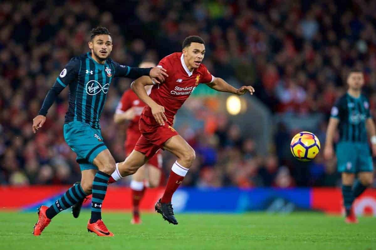 LIVERPOOL, ENGLAND - Saturday, October 28, 2017: Liverpool's Trent Alexander-Arnold during the FA Premier League match between Liverpool and Southampton at Anfield. (Pic by David Rawcliffe/Propaganda)