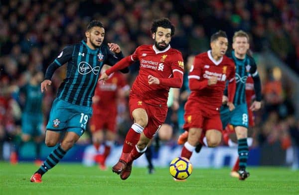 LIVERPOOL, ENGLAND - Saturday, October 28, 2017: Liverpool's Mohamed Salah and Southampton's Sofiane Boufal during the FA Premier League match between Liverpool and Southampton at Anfield. (Pic by David Rawcliffe/Propaganda)