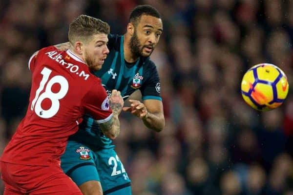 LIVERPOOL, ENGLAND - Saturday, October 28, 2017: Liverpool's Alberto Moreno and Southampton's Nathan Redmond during the FA Premier League match between Liverpool and Southampton at Anfield. (Pic by David Rawcliffe/Propaganda)