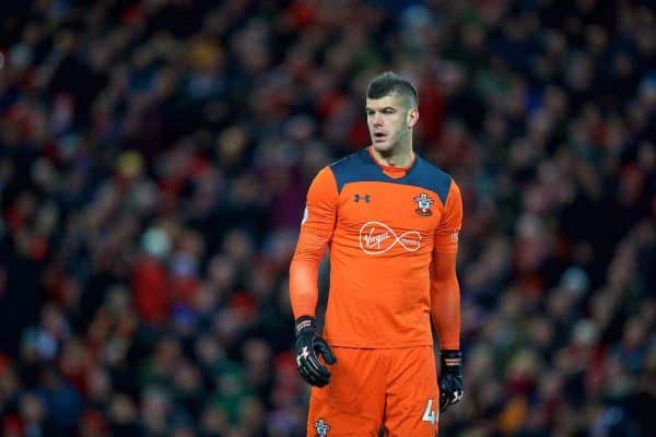 LIVERPOOL, ENGLAND - Saturday, October 28, 2017: Southampton's goalkeeper Fraser Forster during the FA Premier League match between Liverpool and Southampton at Anfield. (Pic by David Rawcliffe/Propaganda)