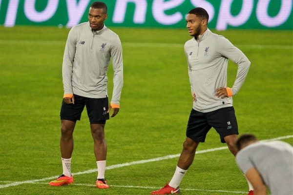 SEVILLE, SPAIN - Monday, November 20, 2017: Liverpool's Daniel Sturridge and Joe Gomez during a training session ahead of the UEFA Champions League Group E match between Sevilla FC and Liverpool FC at the Estadio Ramón Sánchez Pizjuán. (Pic by David Rawcliffe/Propaganda)