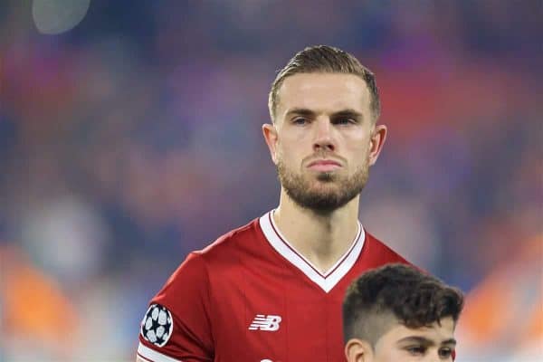 SEVILLE, SPAIN - Tuesday, November 21, 2017: Liverpool's captain Jordan Henderson lines-up before the UEFA Champions League Group E match between Sevilla FC and Liverpool FC at the Estadio Ramón Sánchez Pizjuán. (Pic by David Rawcliffe/Propaganda)