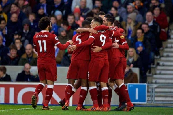 BRIGHTON AND HOVE, ENGLAND - Saturday, December 2, 2017: Liverpool's Emre Can celebrates scoring the first goal with team-mates during the FA Premier League match between Brighton & Hove Albion FC and Liverpool FC at the American Express Community Stadium. (Pic by David Rawcliffe/Propaganda)