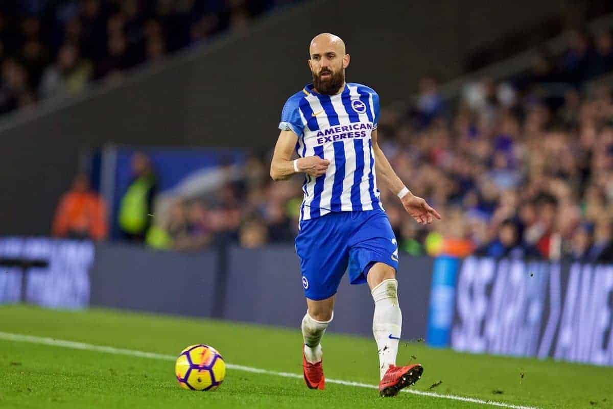 BRIGHTON AND HOVE, ENGLAND - Saturday, December 2, 2017: Brighton & Hove Albion's caption Bruno Saltor Grau during the FA Premier League match between Brighton & Hove Albion FC and Liverpool FC at the American Express Community Stadium. (Pic by David Rawcliffe/Propaganda)