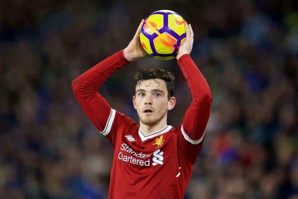 BRIGHTON AND HOVE, ENGLAND - Saturday, December 2, 2017: Liverpool's Andy Robertson takes a throw-in during the FA Premier League match between Brighton & Hove Albion FC and Liverpool FC at the American Express Community Stadium. (Pic by David Rawcliffe/Propaganda)