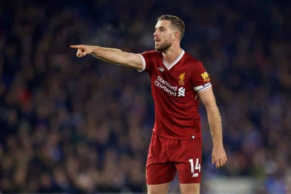 BRIGHTON AND HOVE, ENGLAND - Saturday, December 2, 2017: Liverpool's captain Jordan Henderson during the FA Premier League match between Brighton & Hove Albion FC and Liverpool FC at the American Express Community Stadium. (Pic by David Rawcliffe/Propaganda)