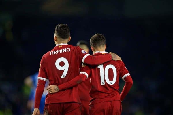 BRIGHTON AND HOVE, ENGLAND - Saturday, December 2, 2017: Liverpool's Philippe Coutinho Correia celebrates scoring the fourth goal with team-mate Roberto Firmino during the FA Premier League match between Brighton & Hove Albion FC and Liverpool FC at the American Express Community Stadium. (Pic by David Rawcliffe/Propaganda)