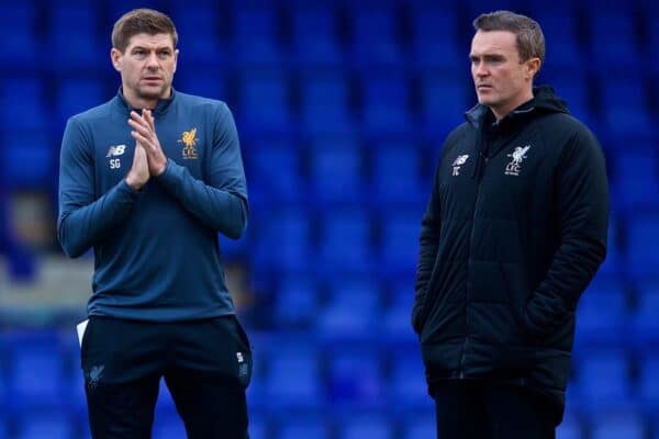 BIRKENHEAD, ENGLAND - Wednesday, December 6, 2017: Liverpool's Under-18 manager Steven Gerrard and assistant Tom Culshaw before the UEFA Youth League Group E match between Liverpool FC and FC Spartak Moscow at Prenton Park. (Pic by David Rawcliffe/Propaganda)