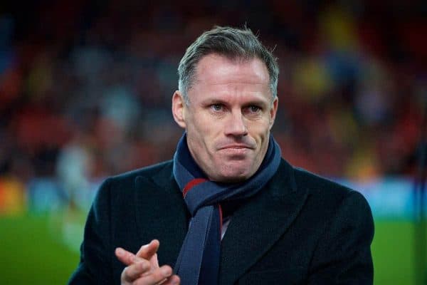 LIVERPOOL, ENGLAND - Wednesday, December 6, 2017: Former Liverpool player Jamie Carragher, working as a pundit, during the UEFA Champions League Group E match between Liverpool FC and FC Spartak Moscow at Anfield. (Pic by David Rawcliffe/Propaganda)