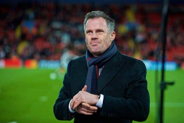 LIVERPOOL, ENGLAND - Wednesday, December 6, 2017: Former Liverpool player Jamie Carragher, working as a pundit, during the UEFA Champions League Group E match between Liverpool FC and FC Spartak Moscow at Anfield. (Pic by David Rawcliffe/Propaganda)