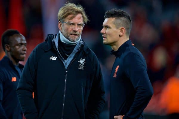 LIVERPOOL, ENGLAND - Wednesday, December 6, 2017: Liverpool's manager Jürgen Klopp and Dejan Lovren before the UEFA Champions League Group E match between Liverpool FC and FC Spartak Moscow at Anfield. (Pic by David Rawcliffe/Propaganda)