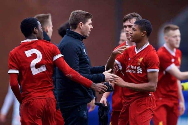 BIRKENHEAD, ENGLAND - Wednesday, December 6, 2017: Liverpool's Rhian Brewster is restrained by Under-18 manager Steven Gerrard and team-mates after the UEFA Youth League Group E match between Liverpool FC and FC Spartak Moscow at Prenton Park. (Pic by David Rawcliffe/Propaganda)