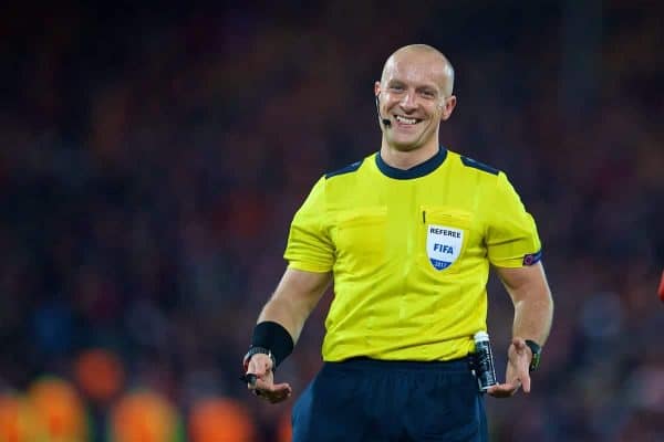 LIVERPOOL, ENGLAND - Wednesday, December 6, 2017: Referee Szymon Marciniak during the UEFA Champions League Group E match between Liverpool FC and FC Spartak Moscow at Anfield. (Pic by David Rawcliffe/Propaganda)