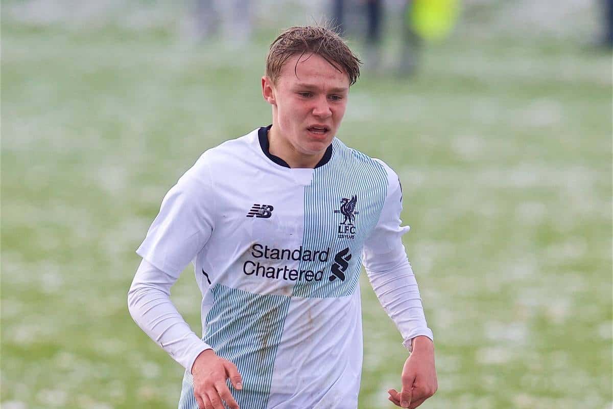 MANCHESTER, ENGLAND - Saturday, December 9, 2017: Liverpool's substitute Paul Glatzel during an Under-18 FA Premier League match between Manchester United and Liverpool FC at the Cliff Training Ground. (Pic by David Rawcliffe/Propaganda)