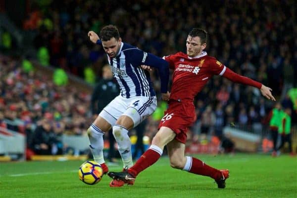 LIVERPOOL, ENGLAND - Wednesday, December 13, 2017: Liverpool's Andy Robertson and West Bromwich Albion's Hal Robson-Kanu during the FA Premier League match between Liverpool and West Bromwich Albion at Anfield. (Pic by David Rawcliffe/Propaganda)