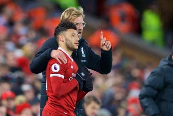 LIVERPOOL, ENGLAND - Wednesday, December 13, 2017: Liverpool's manager J¸rgen Klopp prepares to bring on substitute Alex Oxlade-Chamberlain during the FA Premier League match between Liverpool and West Bromwich Albion at Anfield. (Pic by David Rawcliffe/Propaganda)