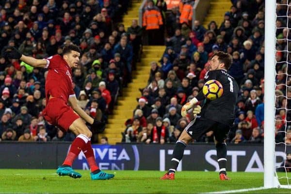 LIVERPOOL, ENGLAND - Wednesday, December 13, 2017: Liverpool's Dominic Solanke 'scores' but sees his goal ruled out for hand-ball during the FA Premier League match between Liverpool and West Bromwich Albion at Anfield. (Pic by David Rawcliffe/Propaganda)