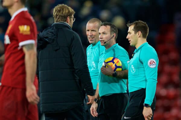 LIVERPOOL, ENGLAND - Wednesday, December 13, 2017: Liverpool's manager Jürgen Klopp speaks to the referee Paul Tierney after the goal-less draw during the FA Premier League match between Liverpool and West Bromwich Albion at Anfield. (Pic by David Rawcliffe/Propaganda)