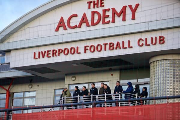 KIRKBY, ENGLAND - Friday, December 15, 2017: Liverpool's Under-18 manager Steven Gerrard watches with former player Steve McManaman and Academy Director Alex Inglethorpe during the Under-23 FA Premier League 2 Division 1 match between Liverpool and Swansea City at the Kirkby Academy. (Pic by David Rawcliffe/Propaganda)