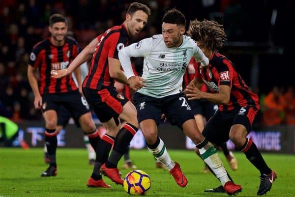 BOURNEMOUTH, ENGLAND - Sunday, December 17, 2017: Liverpool's Alex Oxlade-Chamberlain during the FA Premier League match between AFC Bournemouth and Liverpool at the Vitality Stadium. (Pic by David Rawcliffe/Propaganda)