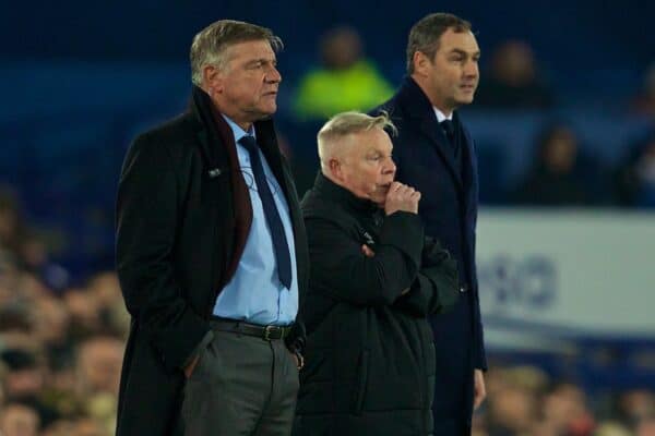 LIVERPOOL, ENGLAND - Monday, December 18, 2017: Everton's manager Sam Allardyce and assistant manager Sammy Lee and Swansea City's manager Paul Clement during the FA Premier League match between Everton and Swansea City at Goodison Park. (Pic by David Rawcliffe/Propaganda)