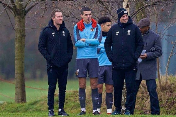 WOLVERHAMPTON, ENGLAND - Tuesday, December 19, 2017: Liverpool's Academy Director Alex Inglethorpe chats with former player Wolverhampton Wanderer's Conor Coady during an Under-18 FA Premier League match between Wolverhampton Wanderers and Liverpool FC at the Sir Jack Hayward Training Ground. (Pic by David Rawcliffe/Propaganda)