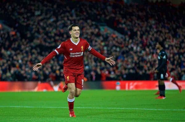 LIVERPOOL, ENGLAND - Boxing Day, Tuesday, December 26, 2017: Liverpool's Philippe Coutinho Correia celebrates scoring the first goal during the FA Premier League match between Liverpool and Swansea City at Anfield. (Pic by David Rawcliffe/Propaganda)