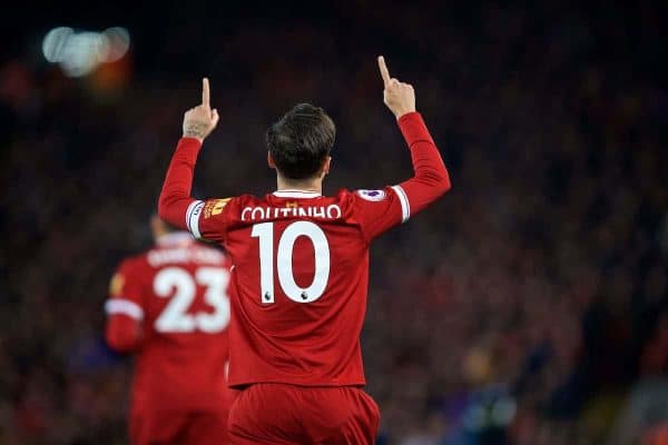 LIVERPOOL, ENGLAND - Boxing Day, Tuesday, December 26, 2017: Liverpool's Philippe Coutinho Correia scores the first goal during the FA Premier League match between Liverpool and Swansea City at Anfield. (Pic by David Rawcliffe/Propaganda)