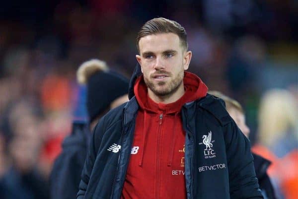 LIVERPOOL, ENGLAND - Boxing Day, Tuesday, December 26, 2017: Liverpool's injured captain Jordan Henderson before the FA Premier League match between Liverpool and Swansea City at Anfield. (Pic by David Rawcliffe/Propaganda)