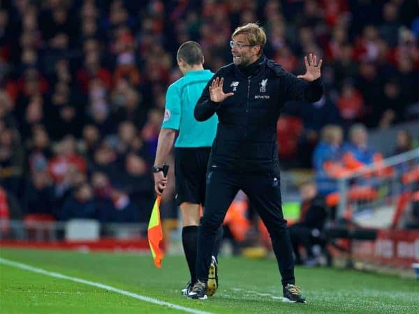 LIVERPOOL, ENGLAND - Boxing Day, Tuesday, December 26, 2017: Liverpool's manager Jürgen Klopp reacts during the FA Premier League match between Liverpool and Swansea City at Anfield. (Pic by David Rawcliffe/Propaganda)