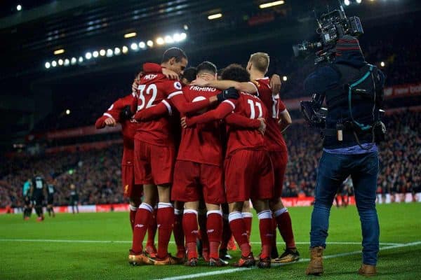 LIVERPOOL, ENGLAND - Boxing Day, Tuesday, December 26, 2017: Liverpool's Roberto Firmino celebrates scoring the second goal during the FA Premier League match between Liverpool and Swansea City at Anfield. (Pic by David Rawcliffe/Propaganda)