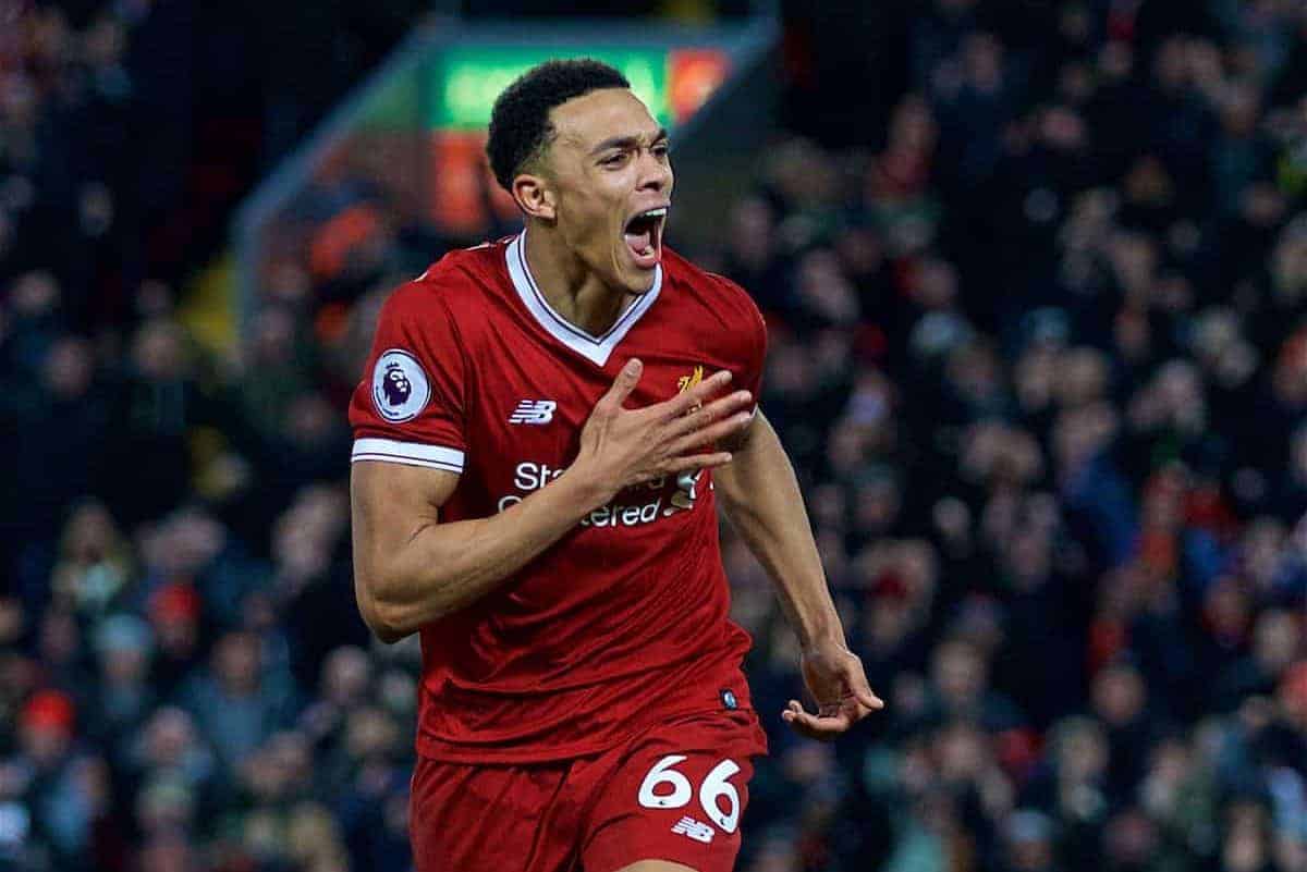 LIVERPOOL, ENGLAND - Boxing Day, Tuesday, December 26, 2017: Liverpool's Trent Alexander-Arnold celebrates scoring the third goal during the FA Premier League match between Liverpool and Swansea City at Anfield. (Pic by David Rawcliffe/Propaganda)