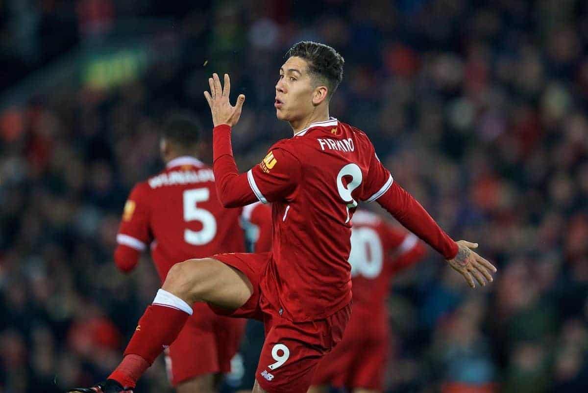 LIVERPOOL, ENGLAND - Boxing Day, Tuesday, December 26, 2017: Liverpool's Roberto Firmino celebrates scoring the fourth goal during the FA Premier League match between Liverpool and Swansea City at Anfield. (Pic by David Rawcliffe/Propaganda)