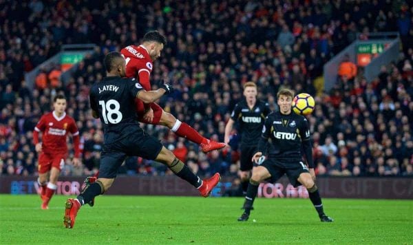 LIVERPOOL, ENGLAND - Boxing Day, Tuesday, December 26, 2017: Liverpool's Alex Oxlade-Chamberlain scores the fifth goal during the FA Premier League match between Liverpool and Swansea City at Anfield. (Pic by David Rawcliffe/Propaganda)