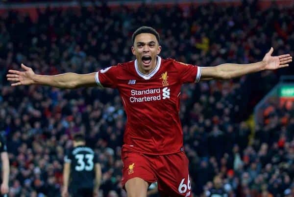 LIVERPOOL, ENGLAND - Boxing Day, Tuesday, December 26, 2017: Liverpool's Trent Alexander-Arnold celebrates scoring the third goal during the FA Premier League match between Liverpool and Swansea City at Anfield. (Pic by David Rawcliffe/Propaganda)