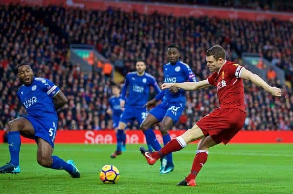LIVERPOOL, ENGLAND - Saturday, December 30, 2017: Liverpool's James Milner during the FA Premier League match between Liverpool and Leicester City at Anfield. (Pic by David Rawcliffe/Propaganda)