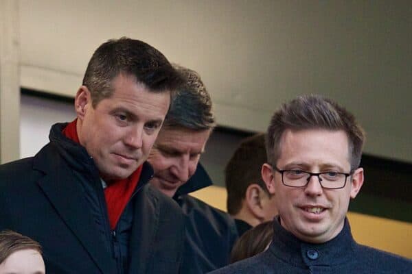 LIVERPOOL, ENGLAND - Saturday, December 30, 2017: Liverpool's Director of Football Michael Edwards and Commercial Director Billy Hogan during the FA Premier League match between Liverpool and Leicester City at Anfield. (Pic by David Rawcliffe/Propaganda)