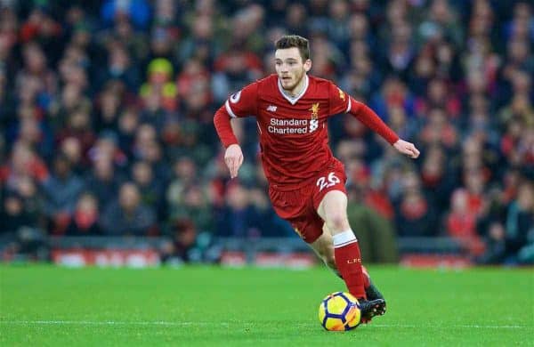 LIVERPOOL, ENGLAND - Saturday, December 30, 2017: Liverpool's Andy Robertson during the FA Premier League match between Liverpool and Leicester City at Anfield. (Pic by David Rawcliffe/Propaganda)