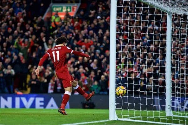 LIVERPOOL, ENGLAND - Saturday, December 30, 2017: Liverpool's Mohamed Salah celebrates scoring the second goal during the FA Premier League match between Liverpool and Leicester City at Anfield. (Pic by David Rawcliffe/Propaganda)