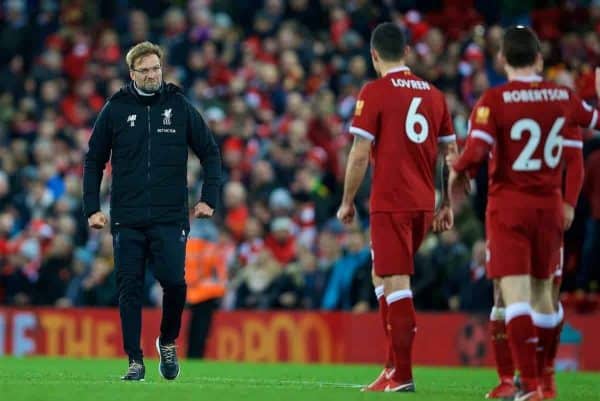 LIVERPOOL, ENGLAND - Saturday, December 30, 2017: Liverpool's manager J¸rgen Klopp celebrates after the 2-1 victory over Leicester City during the FA Premier League match between Liverpool and Leicester City at Anfield. (Pic by David Rawcliffe/Propaganda)