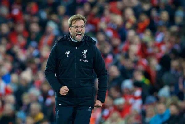 LIVERPOOL, ENGLAND - Saturday, December 30, 2017: Liverpool's manager J¸rgen Klopp celebrates after the 2-1 victory over Leicester City during the FA Premier League match between Liverpool and Leicester City at Anfield. (Pic by David Rawcliffe/Propaganda)