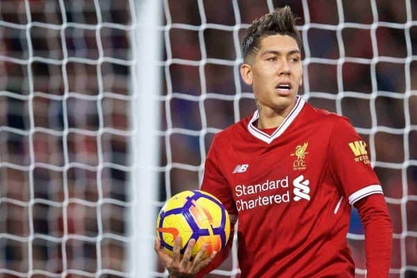 LIVERPOOL, ENGLAND - Saturday, December 30, 2017: Liverpool's Roberto Firmino during the FA Premier League match between Liverpool and Leicester City at Anfield. (Pic by David Rawcliffe/Propaganda)