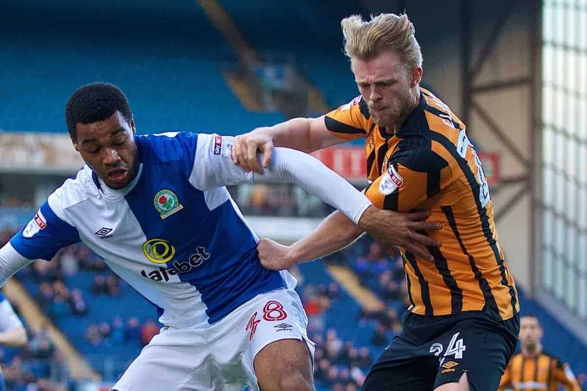 BLACKBURN, ENGLAND - Saturday, January 6, 2018: Blackburn Rovers' Joe Nuttall and Hull City's Max Clark during the FA Cup 3rd Round match between Blackburn Rovers FC and Hull City FC at Ewood Park. (Pic by David Rawcliffe/Propaganda)