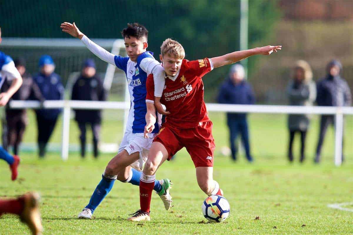 BLACKBURN, ENGLAND - Saturday, January 6, 2018: Liverpool's Paul Glatzel and Blackburn Rovers' Matty Chan during an Under-18 FA Premier League match between Blackburn Rovers FC and Liverpool FC at Brockhall Village Training Ground. (Pic by David Rawcliffe/Propaganda)