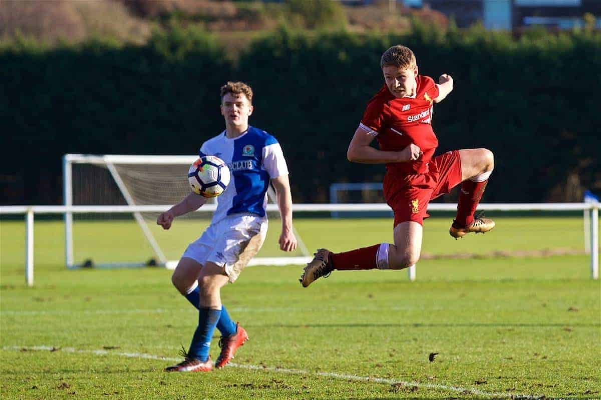 BLACKBURN, ENGLAND - Saturday, January 6, 2018: Liverpool's Paul Glatzel sees his header saved during an Under-18 FA Premier League match between Blackburn Rovers FC and Liverpool FC at Brockhall Village Training Ground. (Pic by David Rawcliffe/Propaganda)