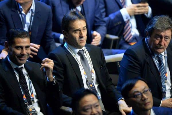 LAUSANNE, SWITZERLAND - Wednesday, January 24, 2018: Representatives from Spain, including head coach Julen Lopetegui (C), during the draw for the new UEFA Nations League tournament at the SwissTech Convention Centre. (Pic by Pool/UEFA/Propaganda)